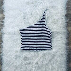Zara Navy & White Striped One Shoulder Ribbed Crop Top *Excellent Condition*